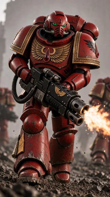 Photograph Of A Blo0da40k Warrior Firing An Arm Cannon. Back...