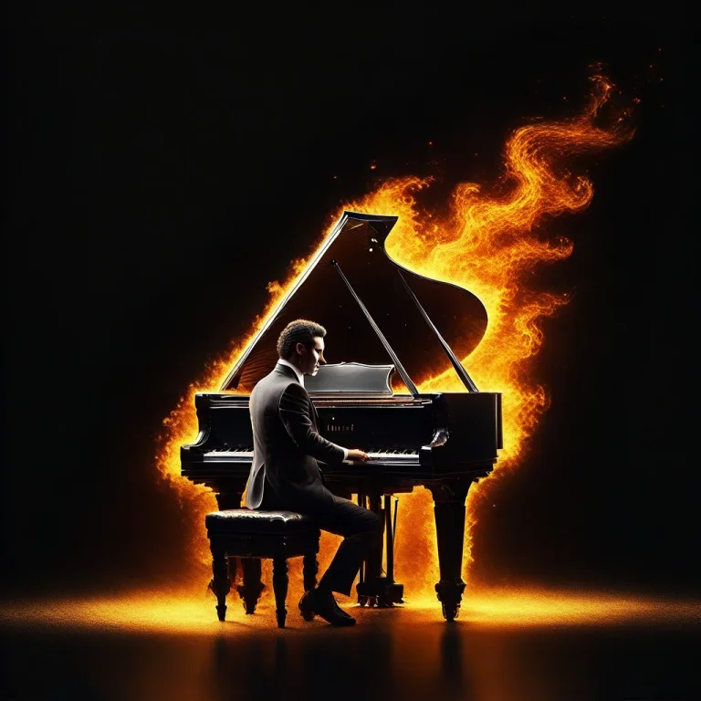 Man Playing Piano, Black Background, Black Suit, Coated In F...