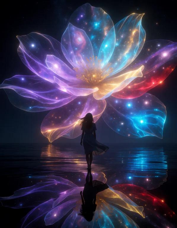 A Solitary Woman Standing Barefoot On An Endless Mirror-like...