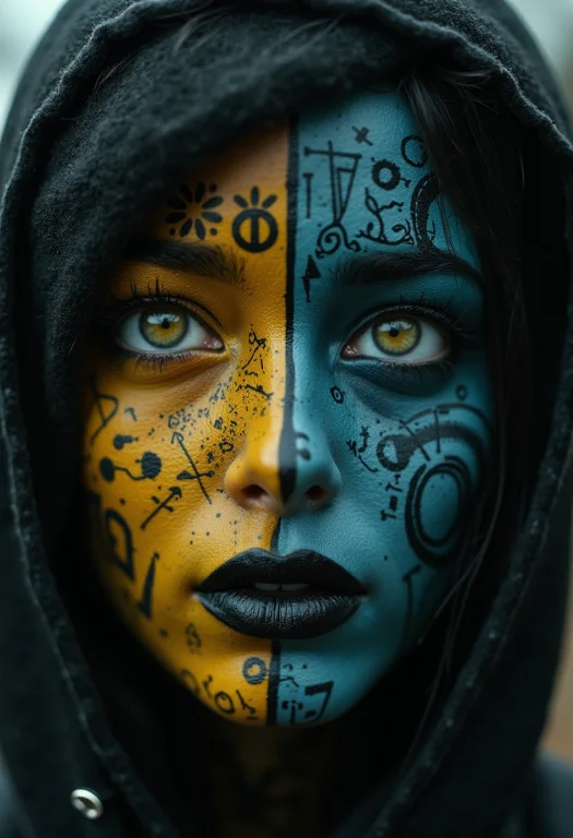 A Close-up Of A Face Adorned With Intricate Black And Blue P...