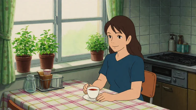 A Woman In Her Thirties Sitting At A Kitchen Table With A Cu...