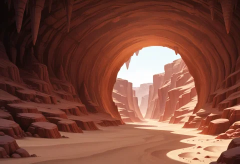 Cave Entrance In Sandy Canyon, Canyon, Dark Hall Cave Entran... — Stable Diffusion AI Prompt: (((cave entrance in sandy canyon))), canyon, dark hall cave entrance, desert, sa...