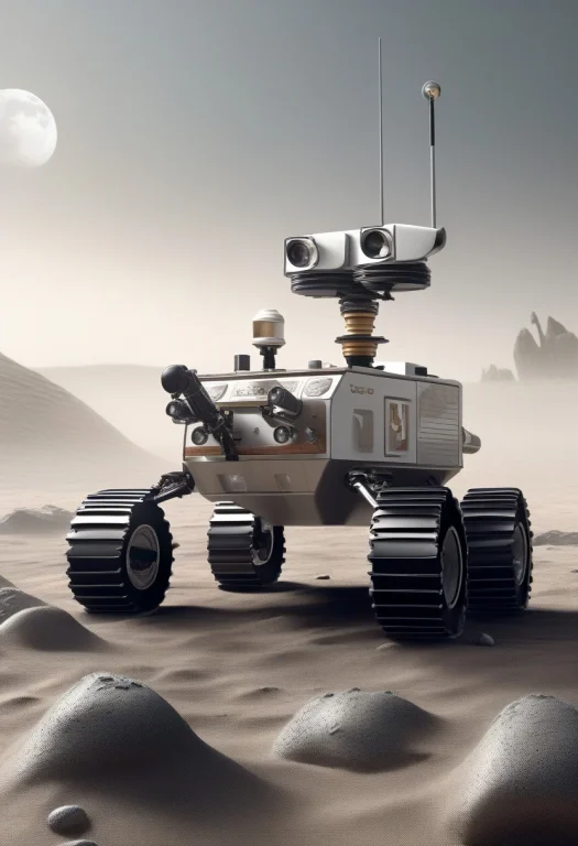 A Lunar Rover Parked On Grey Regolith, Blender Render, Misty...