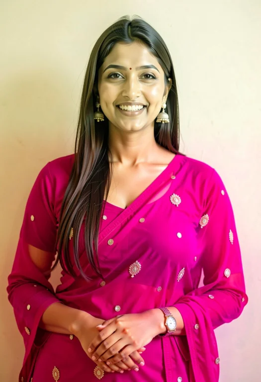 A Medium-shot Portrait Of A Smiling Indian Woman Posing Indo...