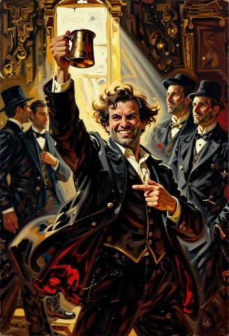 Sarcastic Botev Oil Painting — Stable Diffusion AI Prompt: oil painting on canvas, Botev raises his copper mug high, his face twisted in a...