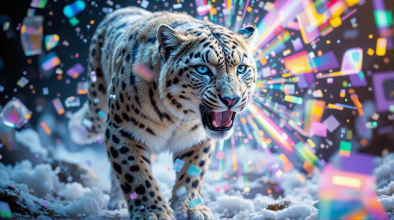 Snow Leopard Lunging Through A Window Pane Of Pure Rainbow-p...