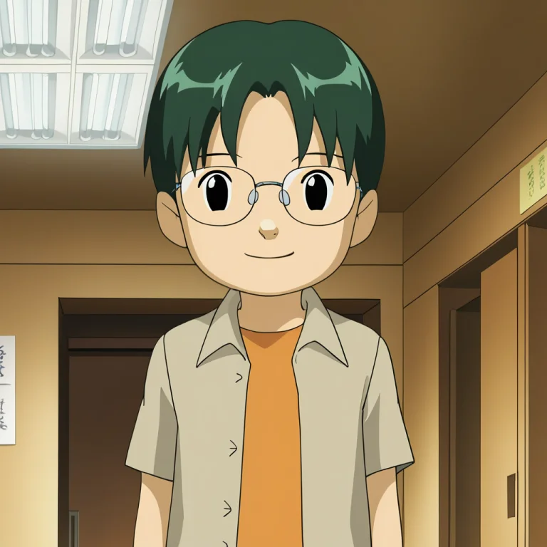 Male, Green Hair, Parted Bangs, Black Eyes, Glasses, Beige C...
