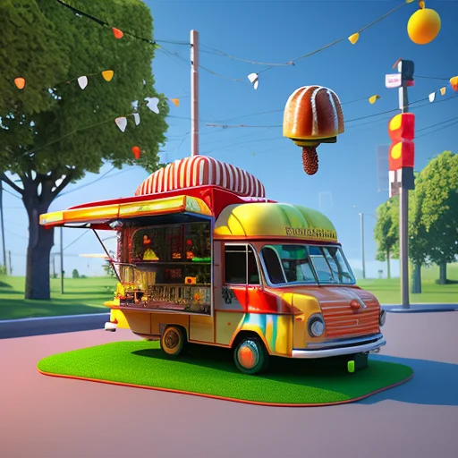 A Food Truck With A Hamburger On Top Of It And A Tree Next T...