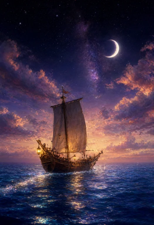 A Fantasy Scene Featuring A Ship Sailing In The Ocean Under...