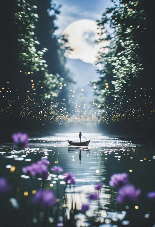 A Lone Figure Stands Quietly In A Small Wooden Boat Drifting...