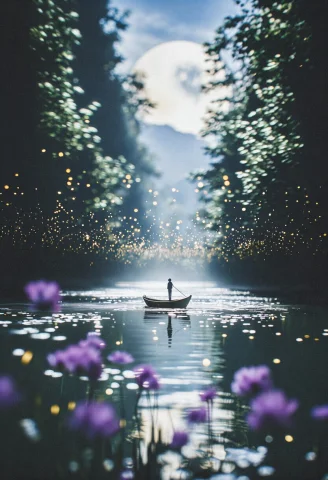 A Lone Figure Stands Quietly In A Small Wooden Boat Drifting... — Stable Diffusion AI Prompt: A lone figure stands quietly in a small wooden boat drifting along a narrow, cal...