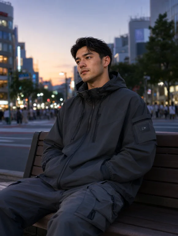 Stylish 25-year-old Guy Sitting On A Bench In Shibuya At Dus...