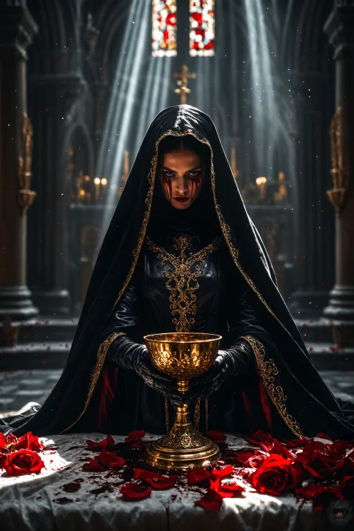 Medium Shot, Dark Fantasy Horror, A Female Vessel In A State...