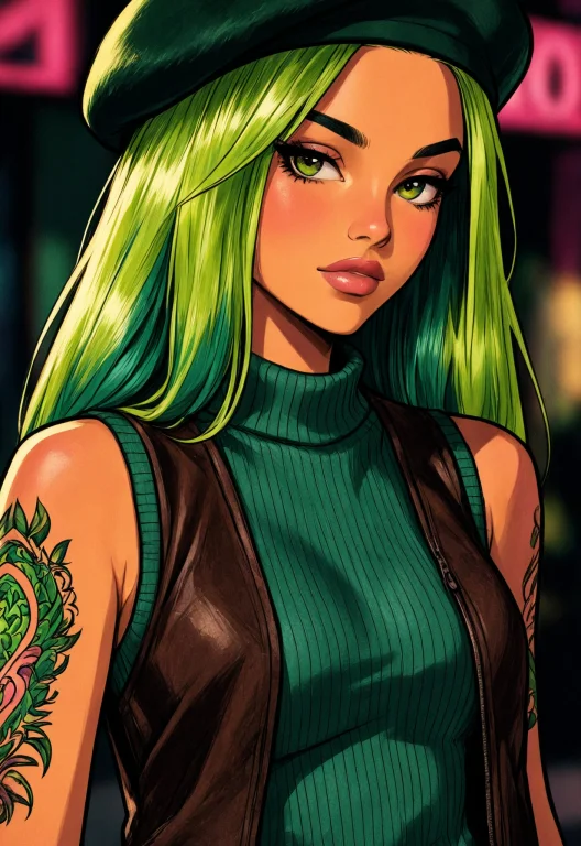 Woman, Hipster, Wool Beret, Sweater, Neon Green Hair, Vest,...