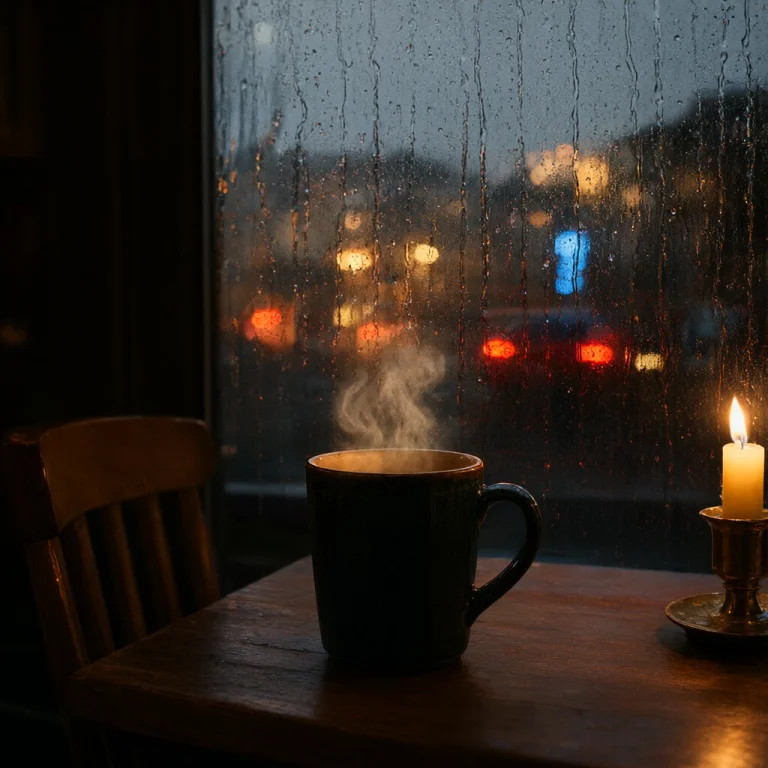Dark Ceramic Mug Of Hot Tea Steaming On A Rustic Wooden Tabl...