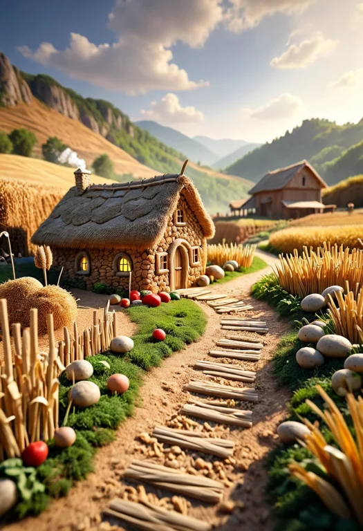 A Straw World, A Small Straw Cottage, Stone Cobbled Wall, Di...