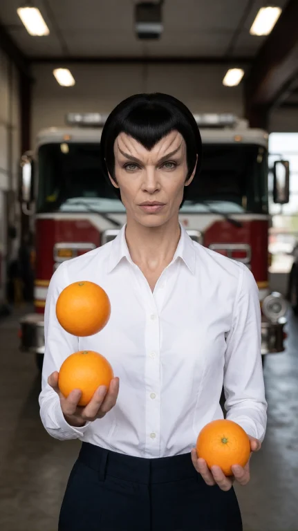 Rmlnfml Alien Woman, Waist-up, Straight-on, Holding Oranges,...