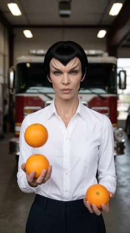 Stable Diffusion Alien Woman Prompt — Stable Diffusion AI Prompt: rmlnfml alien woman, waist-up, straight-on, holding oranges, one balanced above,...