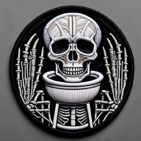 An Official Humorous Embroidered Patch Of A Cartoon Human Sk... — SDXL AI Prompt: An official humorous embroidered patch of a cartoon human skeleton sitting casua...