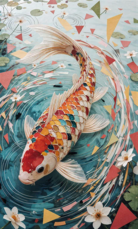 A Giant Koi Fish Twisting Through A Vertical Field Of Transl...