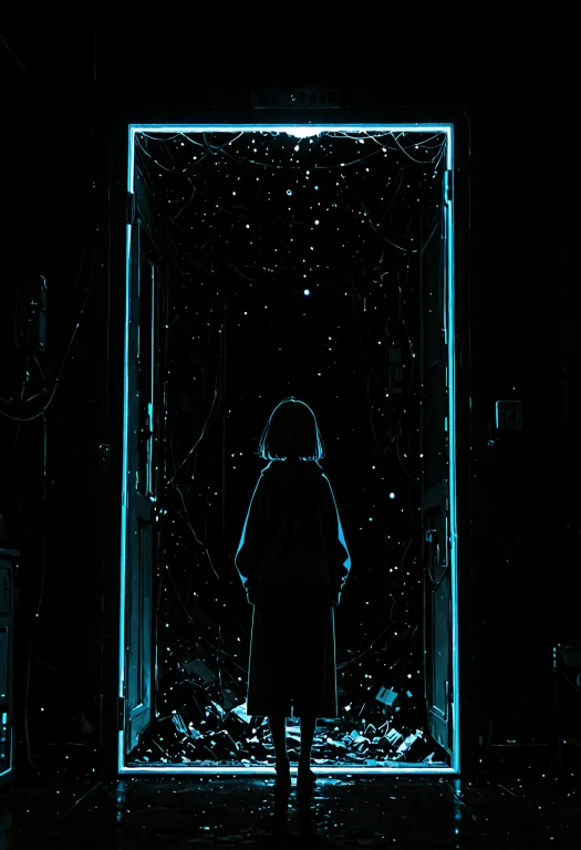 1girl, Full Body, From Behind, Open Door, Only A Door In Dar...
