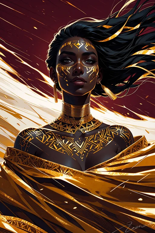 Photo Of A Striking Dark Skinned Woman, Glistening Gold, Nec...