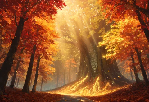 An Anime-styled Autumn Forest Valley Bursting With Vibrant C... — Stable Diffusion AI Prompt: An anime-styled autumn forest valley bursting with vibrant colors stands tall un...