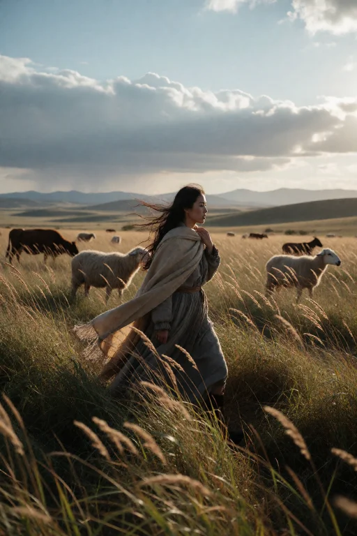 A Beautiful Young Pastoral Herder Standing And Walking Slowl...