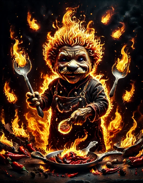 A Swedish Chef , In A Flaming Kitchen, Holding Spoons Flames...