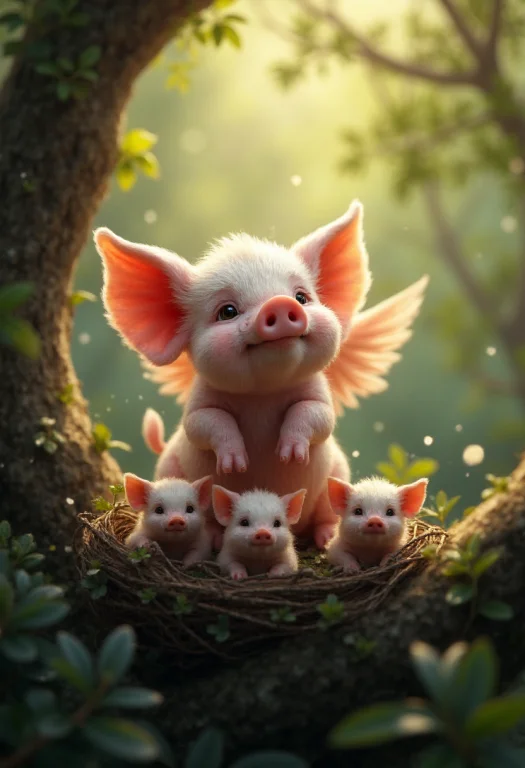 A Pig With Wings Feeding Cute Little Piglets With Tiny Wings...