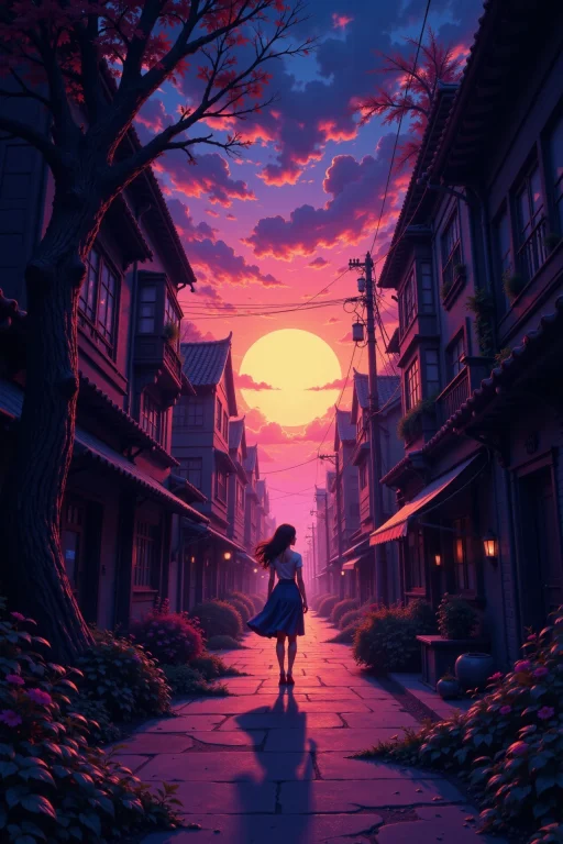 A Sinister Alley Beautiful Anime Landscape, Sunset, Woman, V...