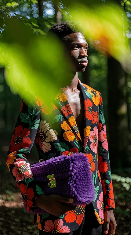 Young Black Man In Forest Wearing Floral Blazer, Holding Tex...