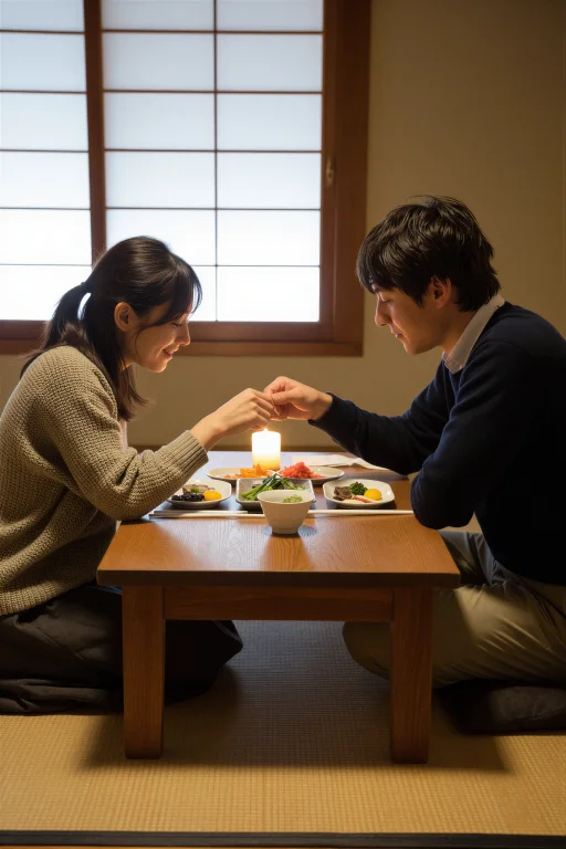 A Woman And A Man Share A Small Meal At A Low Wooden Table I...