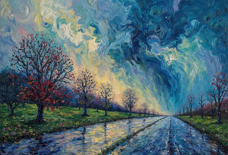 A Complex Expressive Expressionism Oil Painting Of A Raining...