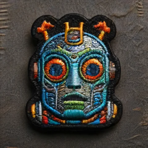 A High Morale Embroidered Patch Showing A Sophisticated Robo... — SDXL AI Prompt: A high morale embroidered patch showing a sophisticated robot rolling its eyes s...