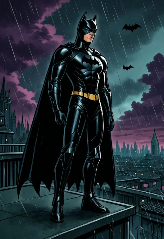 Batman Standing On A Gothic Rooftop At Night, Wearing His Cl...