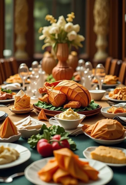 Origami A Full Dinner Table Spread Crafted From Origami, Fea...