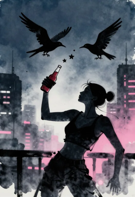 Minimalist Digital Art. Medium Shot. A Club-dancer Holds A B...