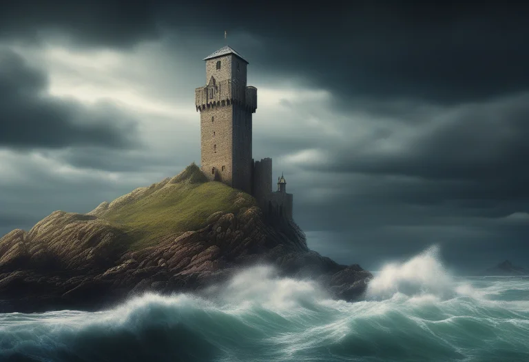 A Wizards Tower Rising From A Stormy Coast, Vintage Poster A...