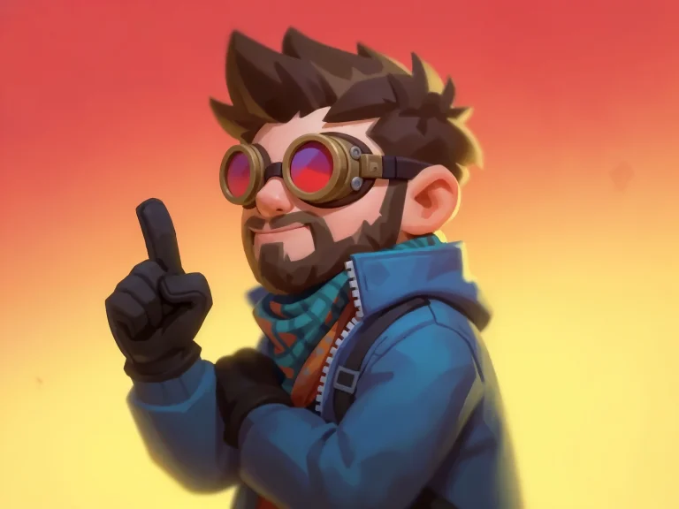 Bearded Man With Goggles Blue Jacket Pointing Finger Up Oran...