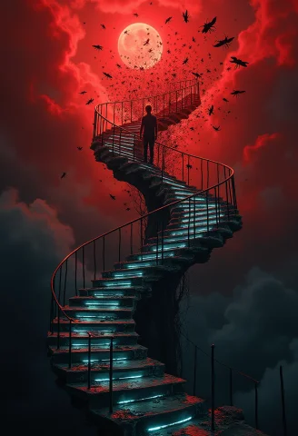 An Enormous Spiral Staircase Made Of Translucent Glass Ascen... — Stable Diffusion AI Prompt: An enormous spiral staircase made of translucent glass ascends into a stormy, bl...