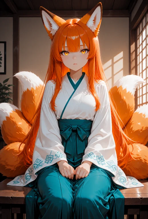 A Kitsune Girl, Foxgirl, With Long Orange Hair, Blunt Bangs,...