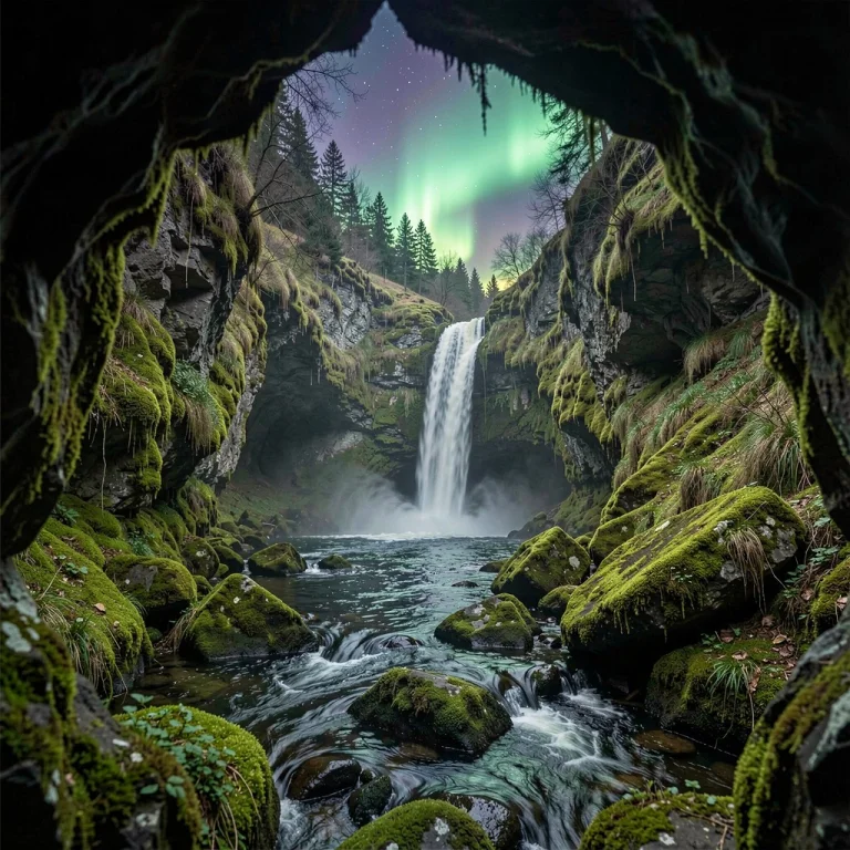 A Hidden Waterfall In A Moss-covered Ravine, Photograph, Aur...