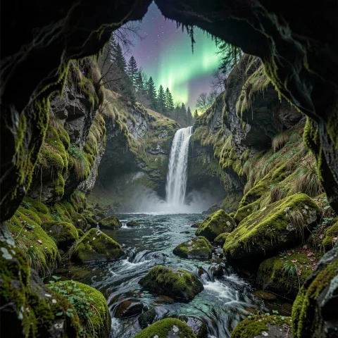 A Hidden Waterfall In A Moss-covered Ravine, Photograph, Aur... — Stable Diffusion AI Prompt: a hidden waterfall in a moss-covered ravine, photograph, aurora glow, framed by...