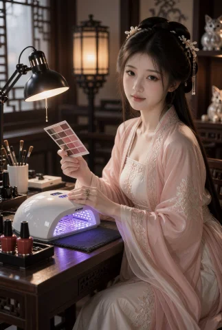 Nail Salon Lifestyle Photography Of A Modern-day Guzhuang Co... — Stable Diffusion AI Prompt: Nail salon lifestyle photography of a modern-day guzhuang cosplayer, captured fr...