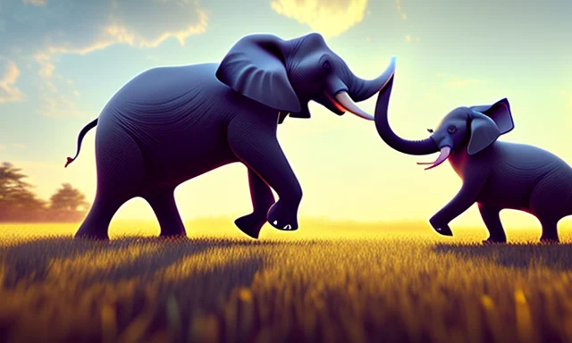 A Elephant Running In Grass Field, Cartoona-animals