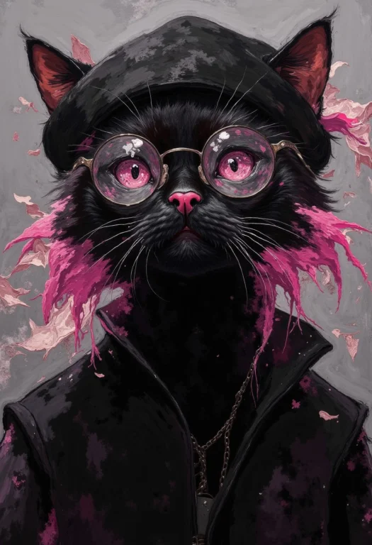 Oil Painting Of A Black Cat With Pink Hair Wearing A Black B...