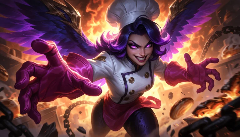 A Fierce Female Character With Purple Hair, Glowing Purple E...