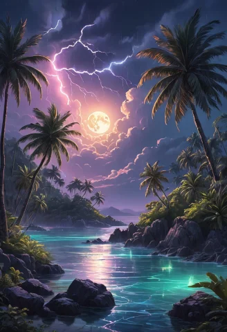 Fidji Island By Night , Thunderstorm, Lightning, Full Illumi... — SDXL AI Prompt: Fidji island by night , thunderstorm, lightning, full illuminating moon, reflect...