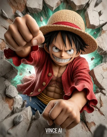 A Dynamic Wall Art Of Monkey D. Luffy From One Piece, Bursti... — Stable Diffusion AI Prompt: A dynamic wall art of Monkey D. Luffy from One Piece, bursting through with an e...